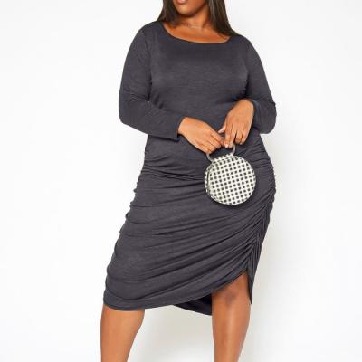 China Plus Size 5XL Anti-Static Solid Color Pleated Round Neck Long Sleeve Amazon Plus Size Women's Casual Dress for sale