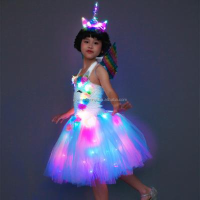 China Unicorn Tutu Dresses Costume for Girls, Light Up Christmas Unicorn Dress with Flower LED Wing Birthday Party Outfit Princess Costume for sale