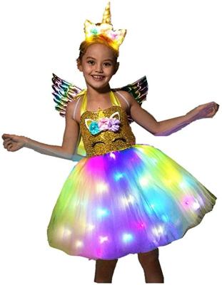 China Unicorn Dress LED Light Up Dresses Girls Christmas Costume Top Gold Sequin For Birthday Party Cosplay Halloween Gift for sale