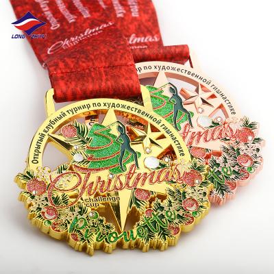 China Europe Longzhiyu 2022 New Design Christmas Tree And Flower Custom Metal Hollow Out Challenge Cup Dance Medals for sale