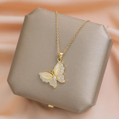 China TRENDY 2023 New Opal Crystal Butterfly Necklaces for Women Luxury Stainless Steel Clavicle Chain Fashion Design Pendant Jewelry Gift for sale