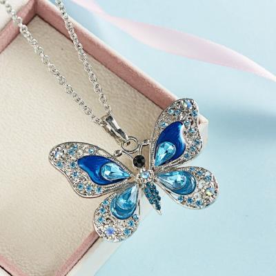 China TRENDY Fashion Multi Color Crystal Rhinestone Butterfly Pendant Necklaces for Women Long Chain Animal Necklaces Jewelry Party Gift for sale