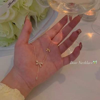 China TRENDY 2023 New Korean Fashion Minimalism Exquisite Thin Chain Choker Bow Zircon Necklace For Women Girls Students Gift for sale