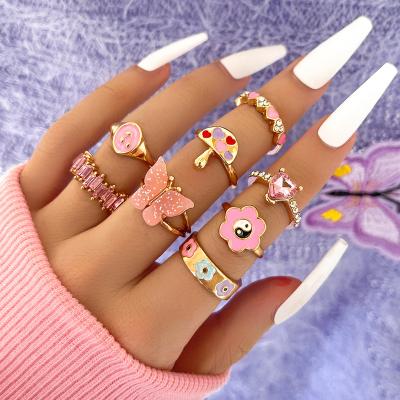 China Nickel-Free Lead-Free 8Pcs/Set Colorful Enamel Butterfly Flower Rings Set For Women Geometric Crystal Heart Mushroom Finger Rings Bohemian Jewelry for sale