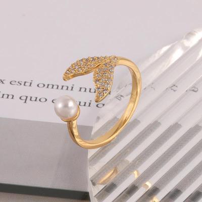 China Nickel-Free Lead-Free Women Jewelry 14k Gold Plated Ring Pearl Fishtail Zircon Copper Ring Micro-inlaid Mermaid Tail Open Pearl Ladies Brass Jewelry for sale