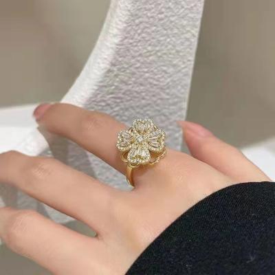 China Nickel-Free Lead-Free New Rotating Adjustable Women Rings Double-layer Rotating Clover Crystal Personality Ring Gold Plated Creative Design for sale