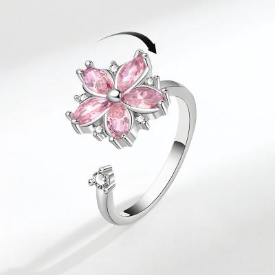 China Nickel-Free Lead-Free Women Zircon Adjustable Pink Flower Minimalist Golden Silver Color Open Spinning Fidget Rings For Anxiety Relief Drop Shipping for sale