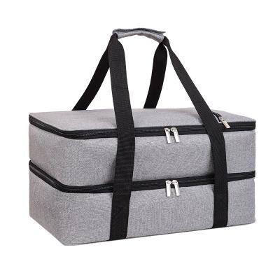 China Fashion Double Decker Food Pizza Delivery Bag Casserole Carrier Thermal Insulated Lunch Bag For Picnic Beach With Two Compartments for sale