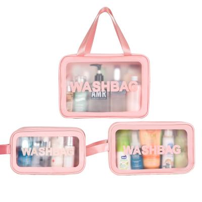 China Normcore/Hot Selling Minimalist 2022 PU Wash Bag PVC Cosmetic Three-Piece Transparent Bath Bag Translucent Matte Portable Storage Bag for sale