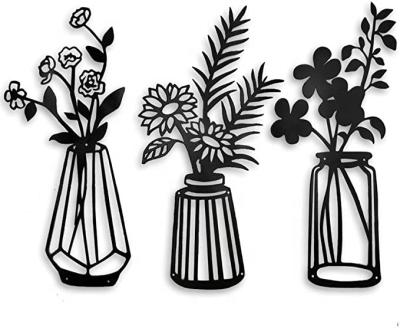 China Country Metal Flower Vase Wall Decor Black Metal Wall Arts Hangng Sculpture For Patio Balcony for sale