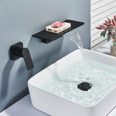 China Contemporary Matte Black Big Waterfall Basin Faucet Wall Mounted Bathroom Sink Faucet Shelf Deck Basin Mixer Tap For Bathroom for sale