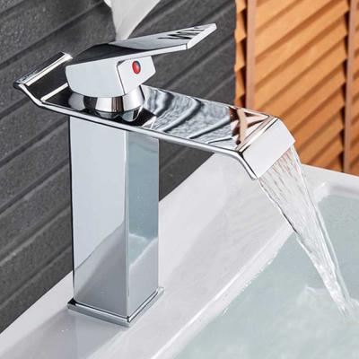 China Hot Chrome Basin Waterfall Spout Waterfall Faucet Bathroom Vanity Hot Cold Sink Faucet Brass Single Lever Cold Wash Basin Faucets for sale