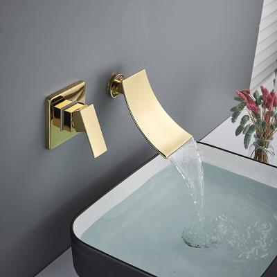 China Contemporary Wholesale And Retail Waterfall Spout Basin Faucet Chrome Bathroom Sink Tap Hot Cold Single Handle Wall Mounted Faucet for sale