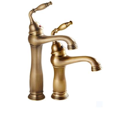 China Antique Brass Metered Deck Mounted Faucets Bathroom Vanity Sink Faucet One Handle Basin Mixer Taps Hot And Cold Water for sale