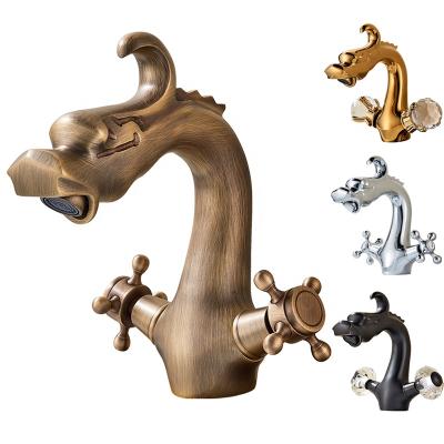 China Dragon Carved Basin Faucet Antique Faucets Double Vessel Sink Faucet Double Handle Bathroom Mixer Tap Animal Shape Faucet for sale