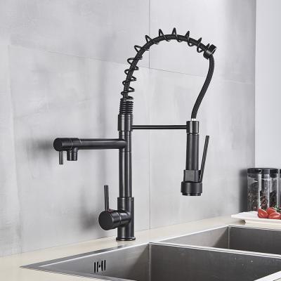 China Single Handle Kitchen Faucet Matte Black Spring Pull Mixer Tap Contemporary Side Double Globe Spout 360 Rotation for sale