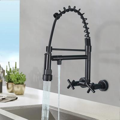 China Dual Mount Matte Black Kitchen Faucet Dual Hole Handles Hot Cold Water Kitchen Mixer Tap Wall Mounted Swivel Spout Dual Spring Pull Down Faucets for sale