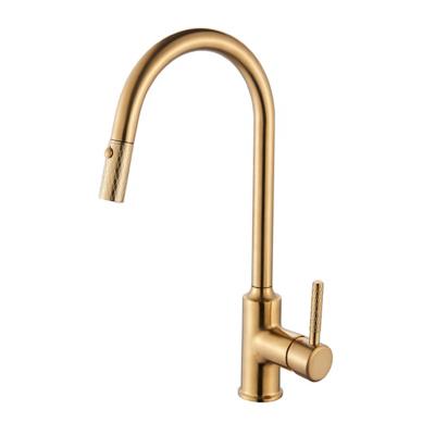 China Free Shipping Contemporary Gold Kitchen Faucet Brushed Single Handle Pull Out Kitchen Mixer Hot And Cold Water Faucets Deck Mounted for sale