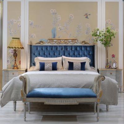 China Knock Down Royal Luxury Furniture Sets Blue Italy Fabric Upholstery Silver Leaf Gild Wooden King Bedroom for sale