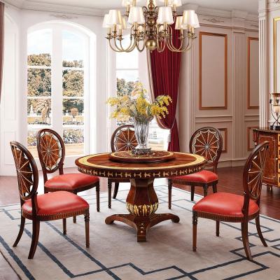 China British Style 7 Pieces Antique Style Solid Wood Round Dining Set With Nice Design Back Chairs for sale