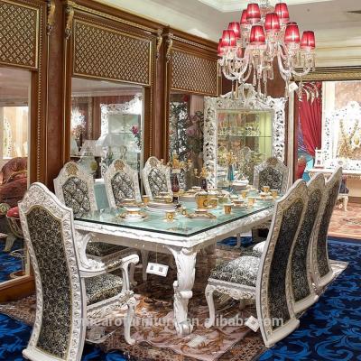 China Baroque Design/Italy Fabric/High Quality Luxury Antique Wood Carved Palace Furniture White Color Baroque Dining Room With High Back Chair for sale