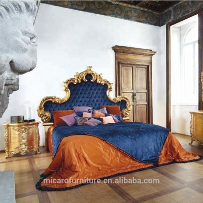 China Original italian classic rococo luxury blue color gold leaf style taste wood bedroom fabric headboard for sale