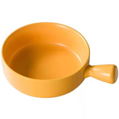 China Sustainable Nordic Yellow Ceramic Handle Salad Bowl Soup Noodle Cooking Mixing Bowl for sale