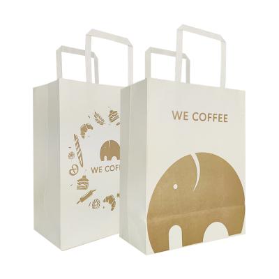 China Custom Recyclable Lunch Packing Paper Bag Restaurant Recyclable White Portable Take Out Paper Bag With Flat Handle for sale