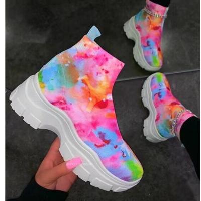 China Large Size Flyknit 210913 36-43 Women's Colorful Thick-soled Print Sneakers Waterproof In Stock for sale