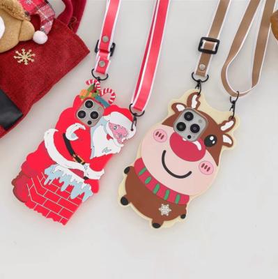 China Santa Silicone Deer Gift Cartoon Christmas Anti-drop Anti-drop Anti-drop Phone Case With Lanyard For iPhone 13 pro 12 11 x max xs For Samsung Galaxy S21 fe for sale