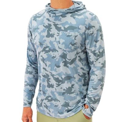 China Hot Sale QUICK DRY Men's Sublimation Print Camouflage Long Sleeve Fishing Shirt Custom Bamboo Hooded Shirts With Thumb Notches for sale