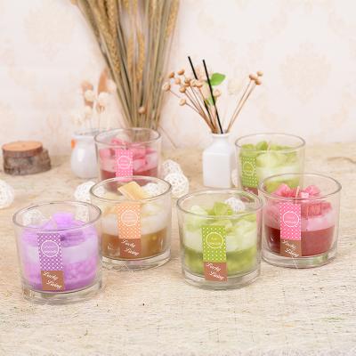 China New Small Core Weddings Fruit Style Clear Glass Aroma Candle Smokeless Glass Home Bathroom Aromatherapy Candle for sale