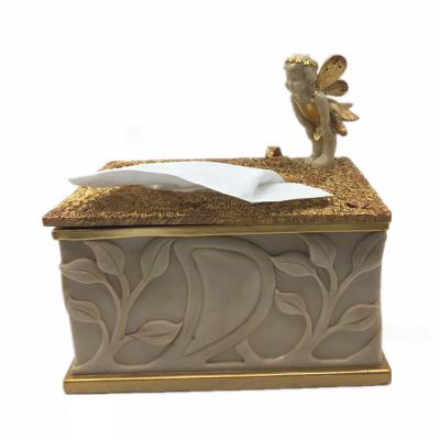 China New arrival luxury gold interior home decoration polyresin tissue box living room home decor nordic resin angel tissue box for sale