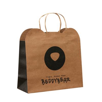 China Recyclable Printed Logo Take Out Bag For Restaurant Custom Biodegradable Fast Food Kraft Paper Bag With Handle for sale