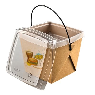 China Custom Nice Design Biodegradable Take Away Kraft Paper Food Buckets With Plastic Handles for sale