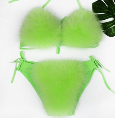 China Plus Size Bandeau Pleated Swimwear 2021 Female Bikini Set Fox Fur Style Plush Biquini Bathing Suit Beachwear Bathing Suit for sale