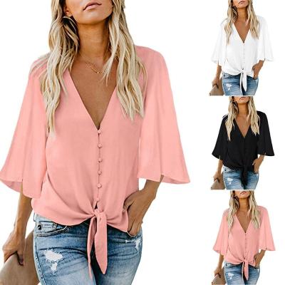 China Anti-Wrinkle Women's V-Neck Tops Ruffle 3/4 Sleeve Tie Knot Blouses Loose Top Lady Shirts With Button for sale