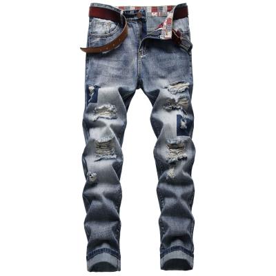 China New Hole Men's Jeans High Street Denim Trend Retro QUICK DRY Frayed Blue Jeans Stripe Jeans for sale