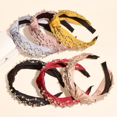 China European Women's Cloth Tie Knot Plastic Pearl Bow Fashion Korea Head Band Wide Cross Headband Hair Accessory for sale