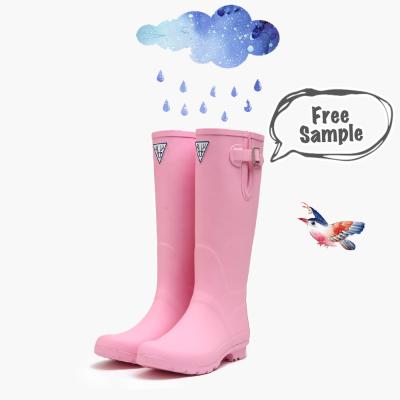 China Anti-slip Good Quality Waterproof And Soft Knee High Pink Rubber Boots For Women for sale