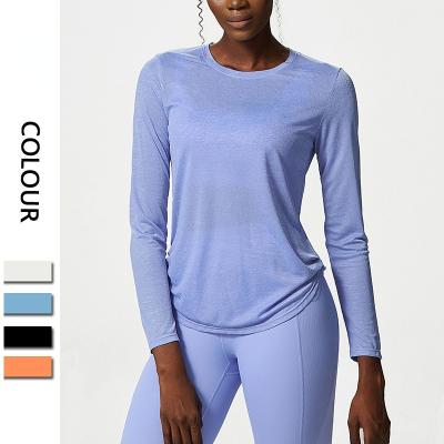 China Active Wear Plus Size Yoga Blouses Jacquard Long Sleeve Gym Top Stretch Soft Breathable Quick Dry Loose Polyester Antibacterial for sale