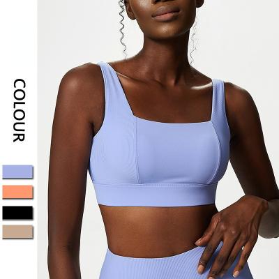 China Plus Size Antibacterial Sexy Square Neck Wide Strap Sports Bra With Hook Spandex Soft Solid Color Nylon Yoga Bra For Gym Fitness Workout for sale