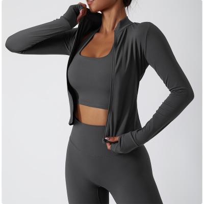 China New Design Antibacterial Breathable Quick-drying Long Sleeve Gym Clothes Women's Fitness Jacket Training External Zipper Yoga Tight Running Top for sale