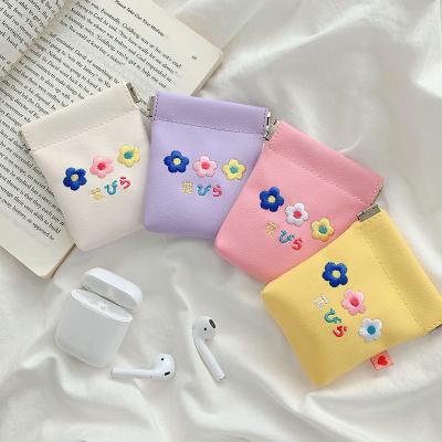 China 2022 Flowers Earphone Protective Carrying Case Small Square Mini Cover Bag PU Leather Accessories Waterproof Earphone Pouch For Airpod for sale