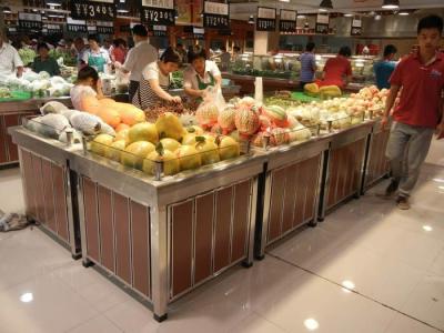 China supermarket stainless steel fruit display with wood lift door,supermarket fruit stand with wood door for sale