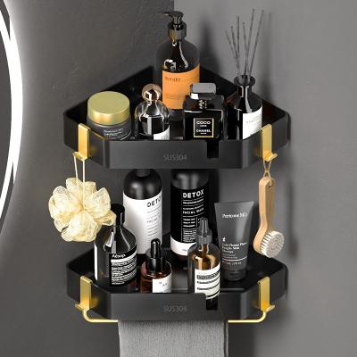 China Wall Mounted Type Hot Sale Black Bathroom Stainless Steel Kitchen Corner Shelf No Shower Drilling Shelf for sale