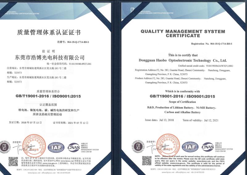 Quality management system certification - Dongguan Hoppt Light Technology Co.,Ltd.