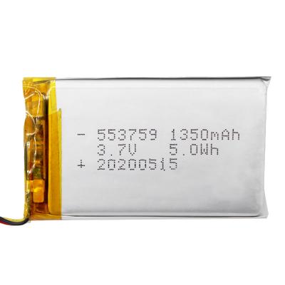 China 1350mAh 553759 Li Polymer Battery 500 Times Cycle Life 1 Year Warranty for sale