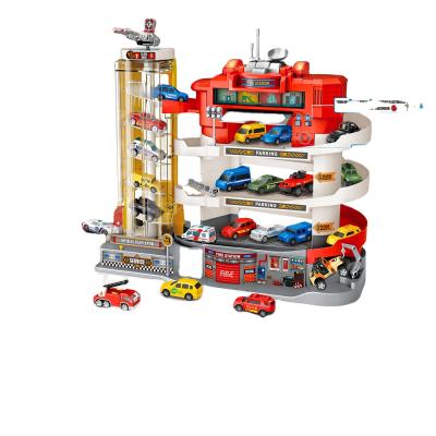 China Slot Toy Fire Electric Parking Building Toys DIY Parking Lot Toys Railway Track Car Garage with Alloy Cars for sale