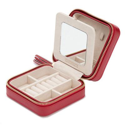 China Travel Jewelry Box For Women Customized Mini Portable Red Leather Jewelry Zipper Case Storage Jewelry Organizer Gift Box With Mirror for sale